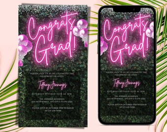 Digital Neon Pink Graduation Party Invitation, Electronic Greenery Congrats Grad Invite, Grad Announcement, Editable Text Message, Download