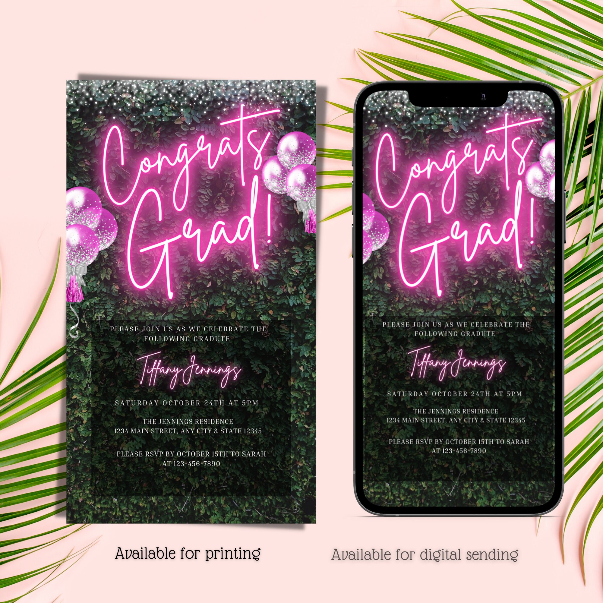 Digital Neon Pink Graduation Party Invitation, Electronic Greenery ...