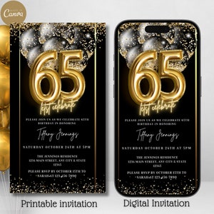 Electronic 65th Birthday Party Invitation, Digital Birthday Text Message Invite, Black Gold Balloons, Editable Invitation, Instant Download