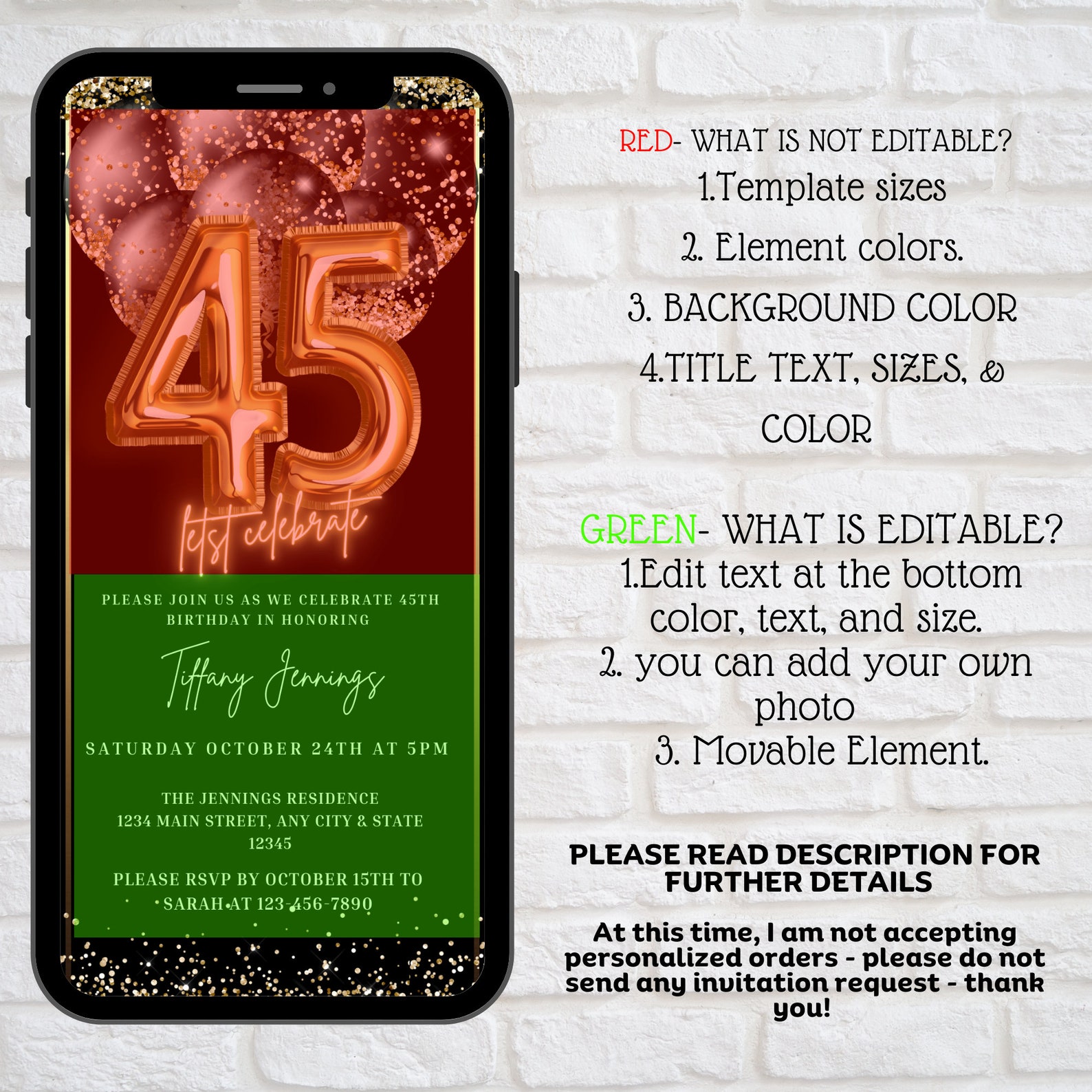 45th Birthday Party Invitation, Digital 45th Phone Text Message Email ...