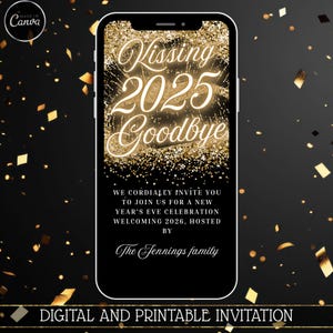 Kissing 2025 Goodbye 2026 New Year’s Eve Party Invitation – Digital Animated Black Gold Glitter Glam Text Message Invite, Editable Template