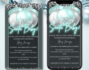 Digital Santa Baby Shower Invitation: Blue & Silver (Electronic)