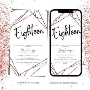 Electronic 18th birthday invitation, Digital 18th Birthday Invite, Rose Gold, Surprise Party, Brunch,  Editable Invitation, Instant Download