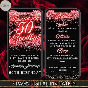 Kiss My 50's Goodbye Electronic 60th Birthday Party Invitation, Digital 60th Birthday Evite, Red Glitter kisses, Editable Invitation