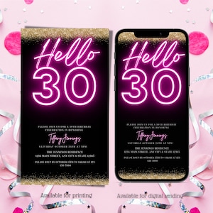 Electronic Neon Pink and Glitter Hello Thirty Birthday Invitation, Digital 30th Birthday Invite, Editable Invitation, Instant Download