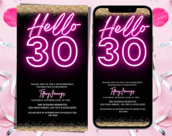 Electronic Neon Pink and Glitter Hello Thirty Birthday Invitation, Digital 30th Birthday Invite, Editable Invitation, Instant Download