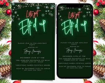 Digital Funny Christmas Party Invitation, Electronic Holiday Invite, Let's Get Elf'd Up, Cocktails, Editable invitation, Instant Download