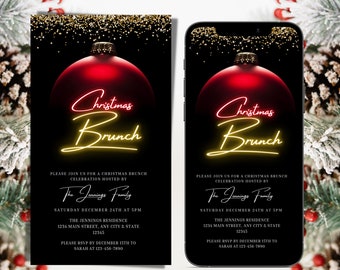 Peut inclure: Une invitation numérique noire et dorée pour un brunch de Noël organisé par la famille Jennings. L'invitation présente une boule de Noël rouge sur un fond de paillettes dorées. Le texte "Christmas Brunch" est écrit en jaune néon. L'invitation comprend la date, l'heure, le lieu et les informations de RSVP.