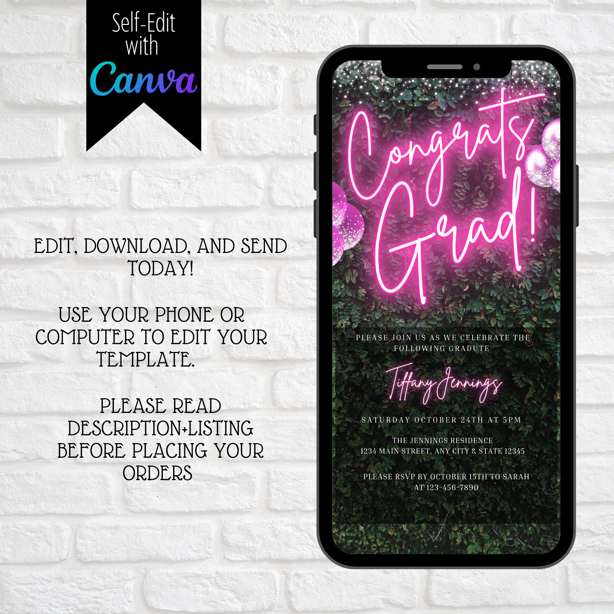 Digital Neon Pink Graduation Party Invitation, Electronic Greenery ...