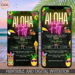 May include: A digital invitation for a tropical 50th birthday party. The design features the words "Aloha Fifty" in neon pink, with tropical illustrations and the party details. The invitation is available as a printable and digital file.