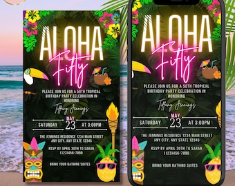 Op de afbeelding: Een digitale uitnodiging voor een tropisch 50e verjaardagsfeest. Het ontwerp toont de woorden "Aloha Fifty" in neonroze, met tropische illustraties en de feestdetails. De uitnodiging is beschikbaar als printbaar en digitaal bestand.