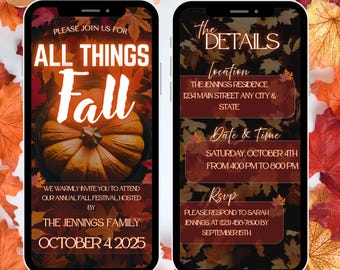 May include: Digital and printable invitation template for an autumn festival. The design features a pumpkin, fall leaves, and text that reads "All Things Fall" and event details. The invitation is displayed on a smartphone.
