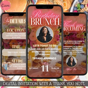 Electronic 50th Birthday Brunch Invitation, Editable Digital Floral Invite, Pink & Orange Theme, Instant Download with Thank You Card