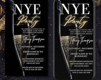 Electronic New Year's Eve Party Invitation, Digital Phone Evite, NYE 2026, Champagne, Black Gold, Editable Invitation, Instant Download