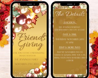 Animated Friendsgiving Digital Invitation – Editable Video Invite, Thanksgiving Dinner Gathering, Gold Balloons, Instant Download