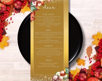 Editable Thanksgiving Menu Card Template – Gold Autumn Dinner Menu Printable, Friendsgiving Table Decor, Instant Download