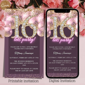Electronic Women's 16th Birthday Party Invitation, Digital Sixteen Pink Gold Balloons Text Message Invite, Diamonds, Editable Template