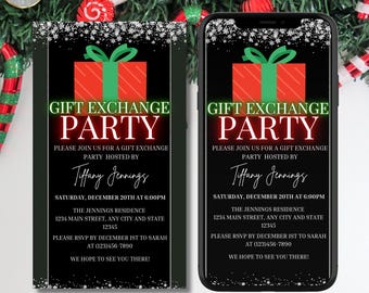 Peut inclure: Invitation imprimable et numérique pour une fête d'échange de cadeaux. L'invitation présente un cadeau rouge et vert sur un fond noir avec des flocons de neige blancs. Le texte indique "Gift Exchange Party" et comprend la date, l'heure, le lieu et les informations de RSVP.