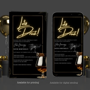 Digital Let's Drink Masculine Party Invitation, Electronic Men's Bachelor Party Text Message Invite, Cigars, Whiskey, Editable Invitation