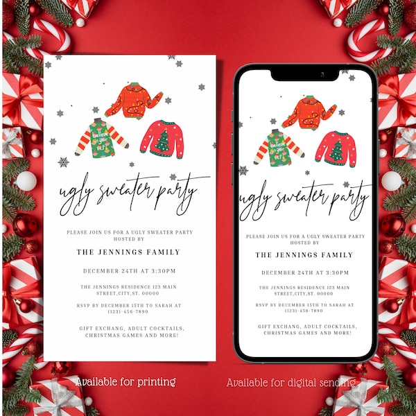 Electronic Ugly Sweater Holiday Invitation, Digital Ugly Sweater Annual Party Text Message Evite, Editable Invitation, Instant Download