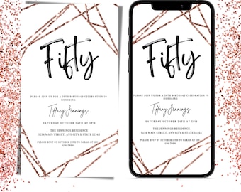 Rose Gold 50th Birthday Invitation: Electronic Dinner Party (Digital Download)
