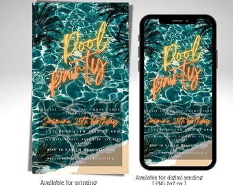 Pool party birthday invitation, Editable Party, Neon color, Electronic birthday party invite, Any Age, Editable template, instant download