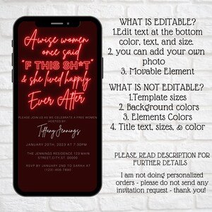 May include: A red and black digital invitation for a free women's event. The invitation features the text "A wise women once said 'F THIS SH*T' & she lived happily Ever After". The event is hosted by Tiffany Jennings on January 20th, 2023 at 7:30 PM. The event will be held at The Jennings Residence, 123 Main Street, City, ST. 00000. RSVP by January 2nd to Sarah at (123)-456-7890.