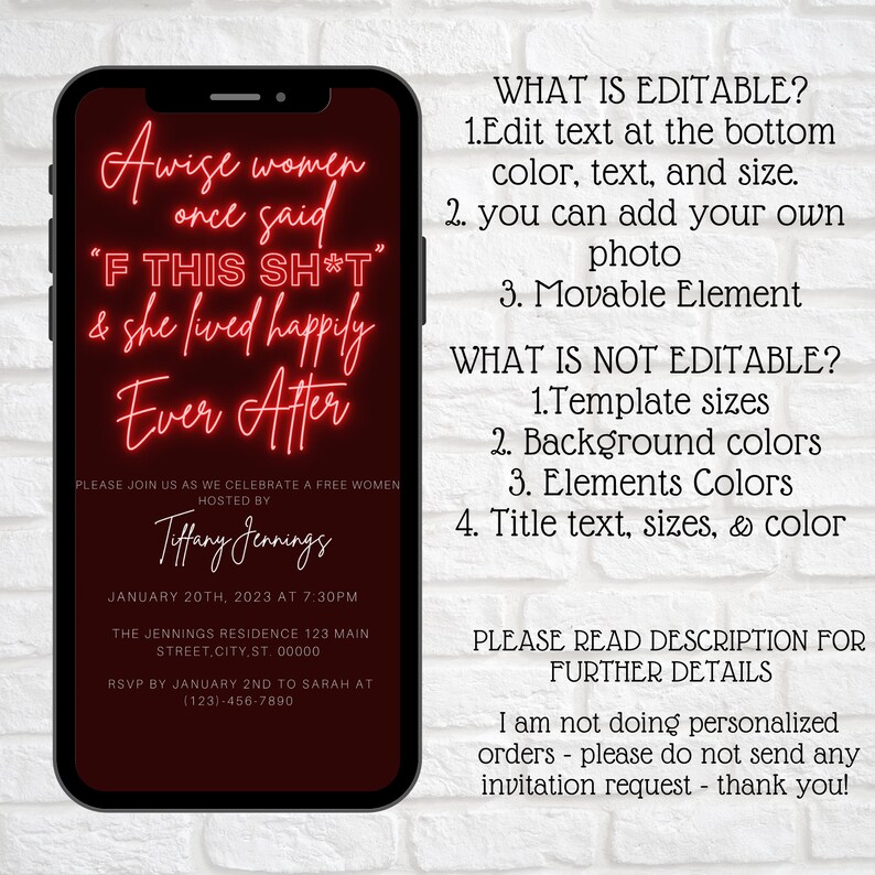 May include: A red and black digital invitation for a free women's event. The invitation features the text "A wise women once said 'F THIS SH*T' & she lived happily Ever After". The event is hosted by Tiffany Jennings on January 20th, 2023 at 7:30 PM. The event will be held at The Jennings Residence, 123 Main Street, City, ST. 00000. RSVP by January 2nd to Sarah at (123)-456-7890.