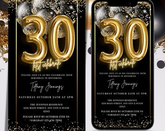 Digital 30th Black Gold Balloons Birthday Party Invitation, Electronic 30th Party Phone Text Email Invite, Editable Evite, Instant Download