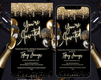 Digital Black and Gold Balloons Party Invitation, Electronic Birthday Invite, Any Occasion, Dinner, Editable Invitation, Instant download