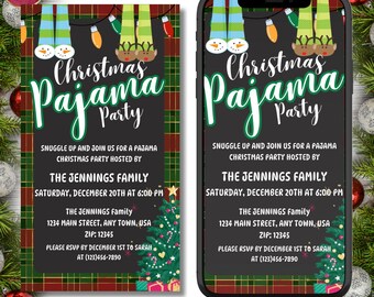 Digital Christmas Pajama Party Invitation, Electronic Christmas PJ Party Invite, Flannel, Chalkboard, Editable Invitation, Instant Download