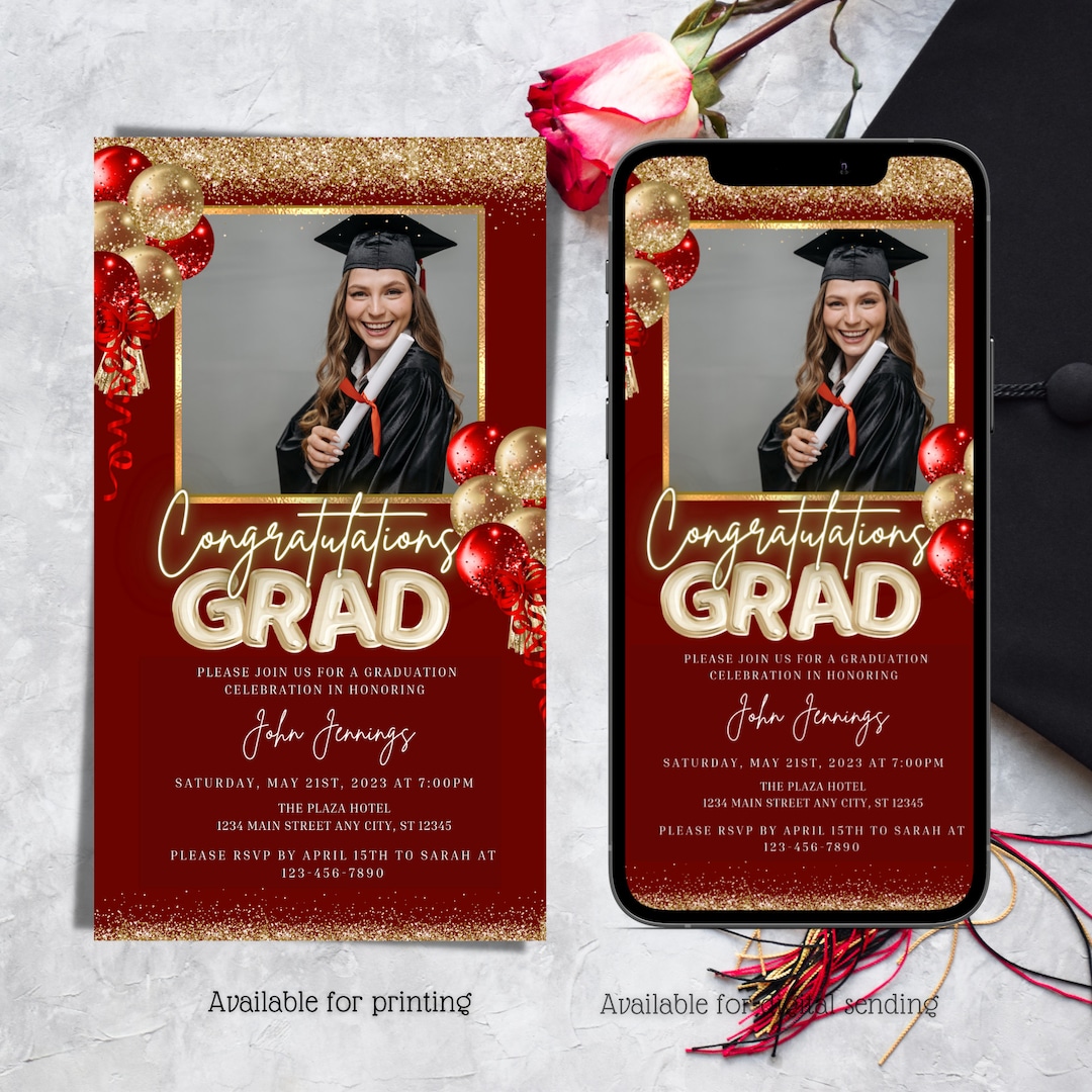 Electronic Graduation Invitation, Class of 2024, Digital Gold and Red