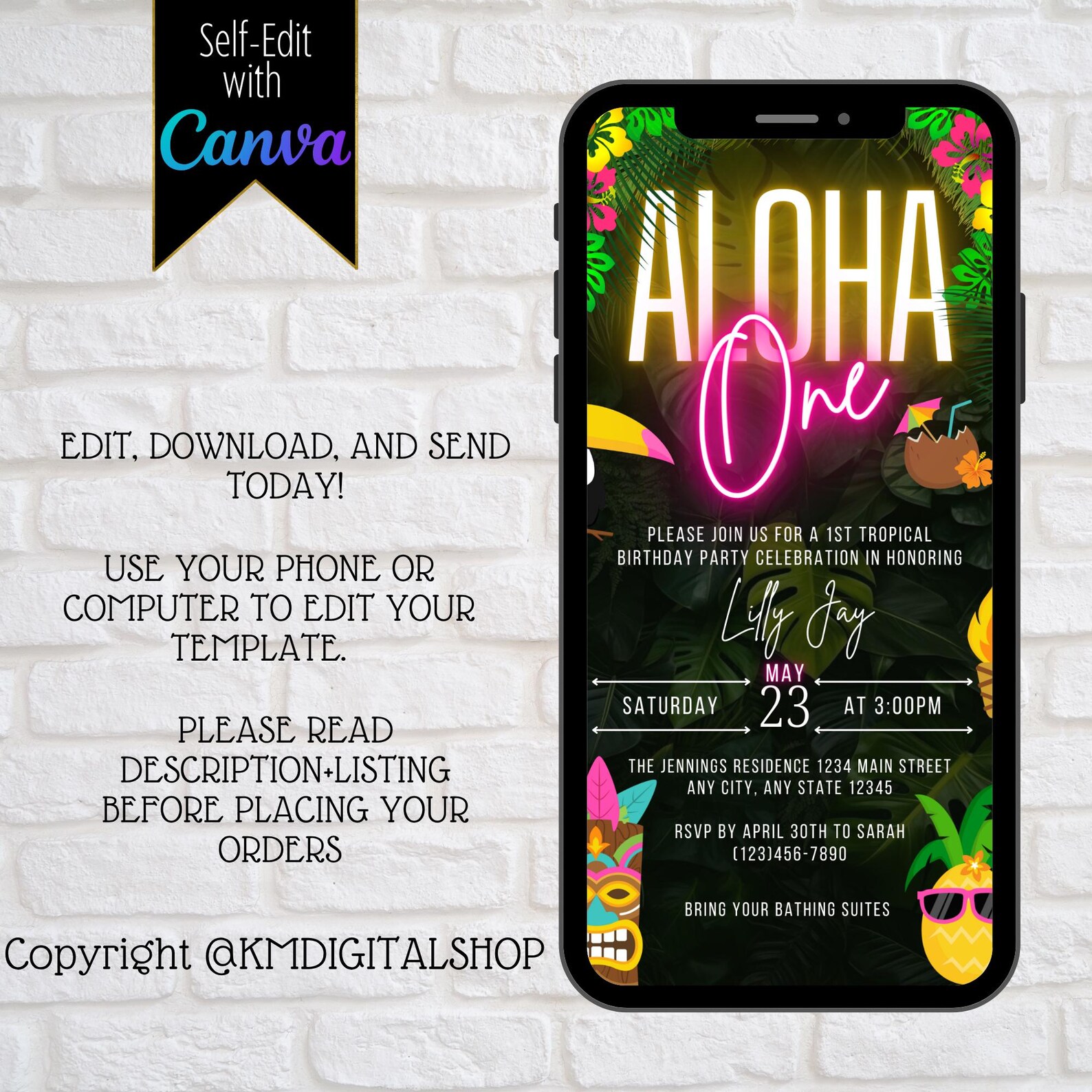 Editable Aloha One 1st Birthday Digital Invitation, Neon Pink Tropical ...