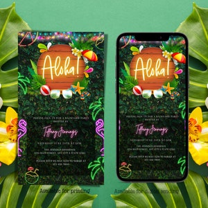Digital Tropical Aloha Party Invitation, Electronic Tropical Text Message Neon Greenery Luau Invite, Editable Invitation, Instant Download