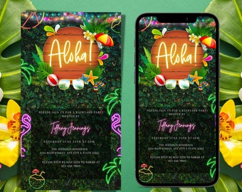 May include: A digital and printable invitation for a backyard party with a tropical theme. The invitation features a neon sign that says "Aloha!" with palm leaves, sunglasses, and a beach ball. The text on the invitation says "Please join us for a backyard party hosted by Tiffany Jennings, Saturday June 24th at 5pm, The Jennings Residence, 1234 Main Street, Any City & State 12345, Please RSVP by May 15th to Sarah at 123-456-7890."