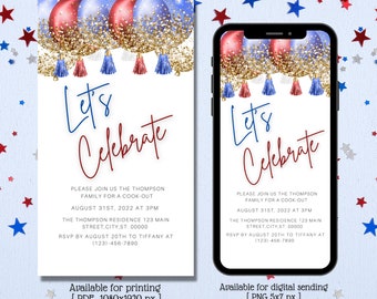 Invitación digital Let's Celebrate, rojo, blanco y azul y blanco, para cualquier ocasión, fiesta en el patio, cena, cumpleaños, día del trabajo, descarga instantánea