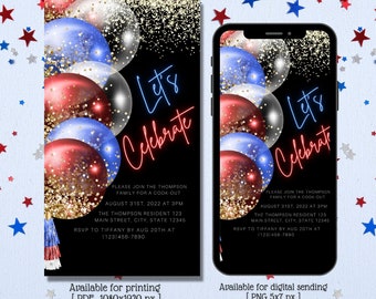 Digital Let's Celebrate invitation, Neon Red White and Blue, Any Occasion, Backyard party, Dinner, Birthday, BBQ Evite, Instant Download