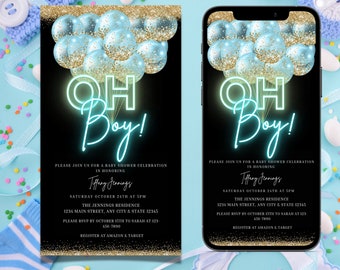 Digital Oh Boy Baby Shower Invitation, Electronic Neon Baby Boy Shower Gold Blue Text Message Invite, Editable Invitation