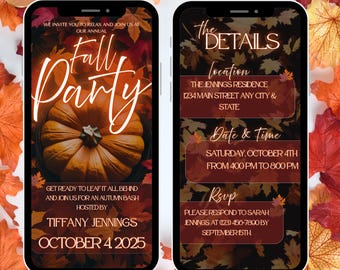 May include: Digital and printable fall party invitation template. The design features a pumpkin and autumn leaves. The invitation includes the party details: date, time, location, and RSVP information.