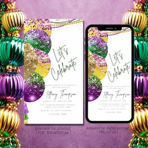 Digital Let&#39;s Celebrate Mardi Gras Party invitation, Mardi Gras Party invites, Green, Purple and Gold masquerade party, Instant download