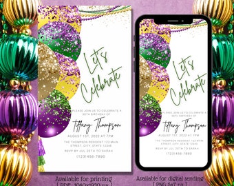 May include: A digital invitation with a Mardi Gras theme. The invitation features a colorful background with gold, green, and purple confetti and balloons. The text on the invitation reads "Let's Celebrate" and includes details for a 30th birthday party. The invitation is available for printing or digital sending.
