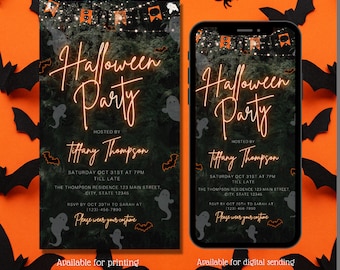 Pode incluir: Convite para festa de Halloween imprimível e digital com fundo verde escuro, texto laranja brilhante e imagens de morcegos e fantasmas. O texto diz "Halloween Party" e inclui o nome do anfitrião, a data, a hora, o local e as informações de RSVP.