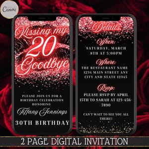 Electronic 30th Birthday Party Invitation, Kiss My 20's Goodbye, Digital 30th Birthday Evite, Red Glitter kisses, Editable Invitation