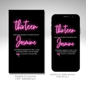 13th Birthday invitations for girl, Electronic birthday party invite, 13 Bday, Neon lights, pink, teen, Editable template, instant download