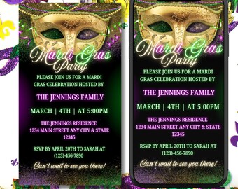 May include: Printable and digital invitations for a Mardi Gras party. The invitations feature a gold mask with green and purple accents. The text on the invitations reads "Mardi Gras Party" and includes details about the event, including the date, time, location, and RSVP information.