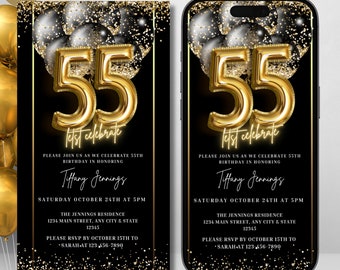 Electronic 55th Birthday Party Invitation, Digital Birthday Text Message Invite, Black Gold Balloons, Editable Invitation, Instant Download