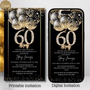 K&ouml;nnte beinhalten: Eine schwarze und goldene druckbare und digitale Einladung zu einer 60. Geburtstagsfeier. Die Einladung zeigt eine goldene Zahl 60 mit Diamant-Akzenten und schwarzen und goldenen Ballons. Der Text lautet "Let's party" und enth&auml;lt den Namen Tiffany Jennings, das Datum und die Uhrzeit der Party, den Ort und die RSVP-Informationen.