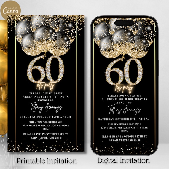 60th Digital Birthday Party Invitation, Electronic Diamond Black Gold Balloons, Birthday Party Evite, Text Message Invite, Instant Download