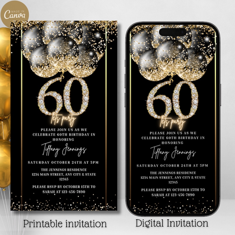 K&ouml;nnte beinhalten: Eine schwarze und goldene druckbare und digitale Einladung zu einer 60. Geburtstagsfeier. Die Einladung zeigt eine goldene Zahl 60 mit Diamant-Akzenten und schwarzen und goldenen Ballons. Der Text lautet "Let's party" und enth&auml;lt den Namen Tiffany Jennings, das Datum und die Uhrzeit der Party, den Ort und die RSVP-Informationen.