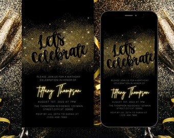 Digital Let's Party birthday invitation, Black Gold glitter, Birthday Dinner Party, Editable Template, Mobile Evite, Instant Download